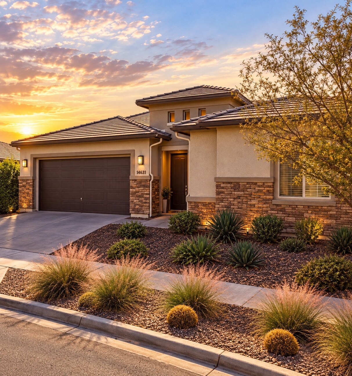 Exterior of Lola Assisted Living in Surprise, Arizona, showing the landscaped front entrance at sunset